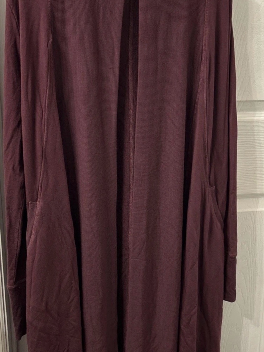 Athleta Women’s Size XS Long Wrap Cardigan Plum Color Thumb Holes